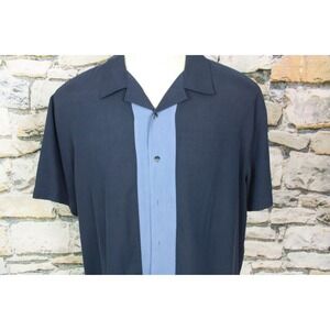 AXIST Men's Silk Shirt Two Tone Blue Panel Front Washable Silk Short Sleeve 2XL